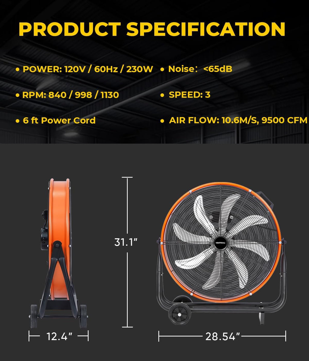 VENTISOL 24 Inch Industrial Floor Drum Fan, 9500 CFM Heavy Duty Floor Fan with 8 Blades, 3-Speed High Velocity Shop Fan, Metal Fans for Warehouse, Patios, Garage