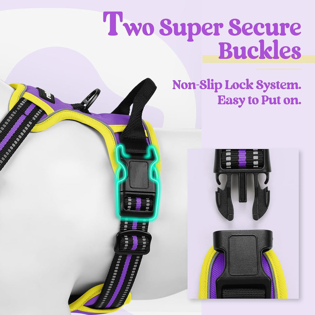rabbitgoo Dog Harness No Pull with 2 Leash Clips, Adjustable Soft Padded, Reflective Oxford No Choke Pet Vest with Easy Control Handle for Large Dogs, Purple & Yellow, L