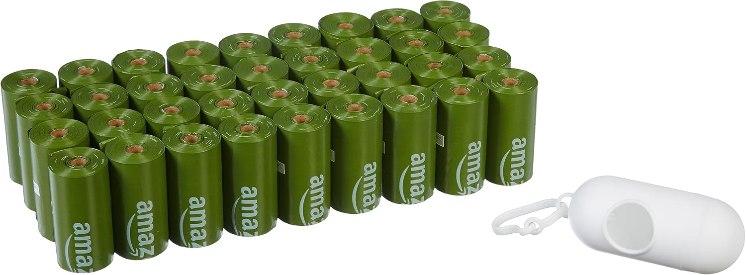 Amazon Basics Dog Poop Bags with Dispenser, 540 Count, Enhanced for Guaranteed Leakproof, Unscented, Includes Leash Clip