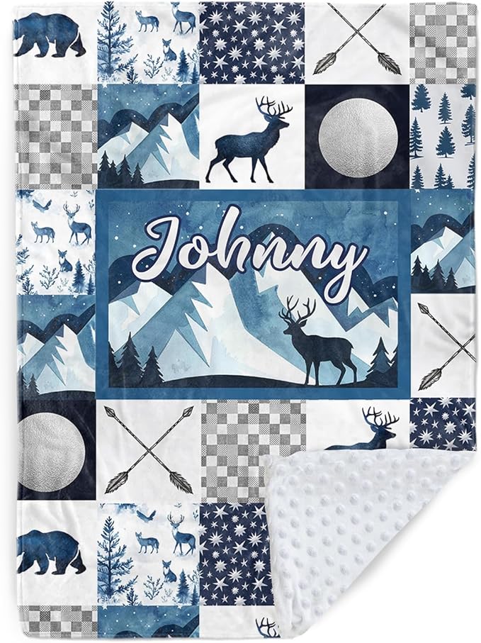 Personalized Baby Blankets for Girls Boys, Custom Blue Deer Baby Blanket with Name for Kids, Flannel Bed Throw Blanket for Newborn, Customized Gifts for Baby Shower Nursery Blanket(30”x40)