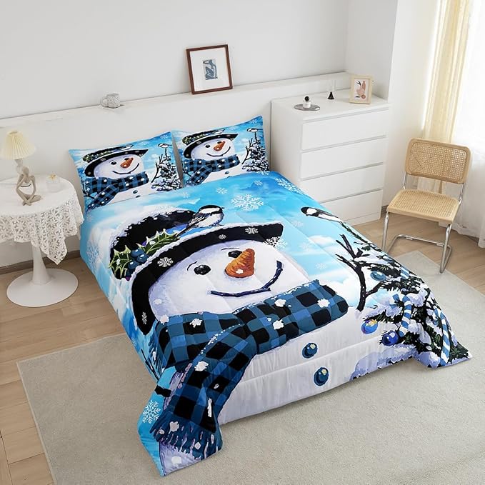Feelyou Kids Christmas Theme Decorations Bedding Set Xmas Snowman Comforter Set for Boys Girls Cute Comforter Blue Bedroom Collection Twin Size