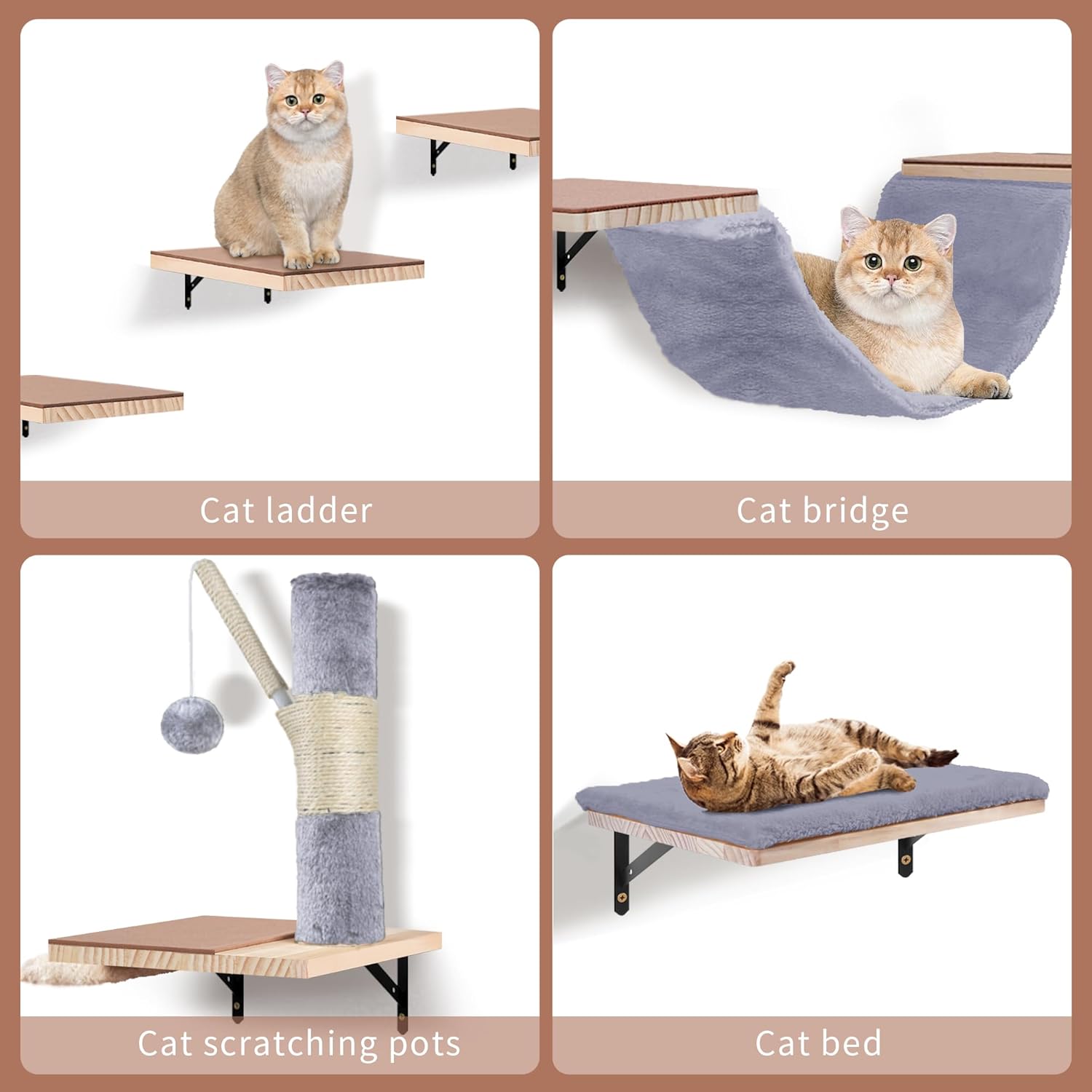 Cat Shelves for Wall, Wall Mounted Cat Furniture Set,with Hammock,Jumping Boards,Sofa,Steps,ScratchingPost,Hanging Ball and Felt Pads, Suit for Cats Climb, Jump,Scratch-Gray