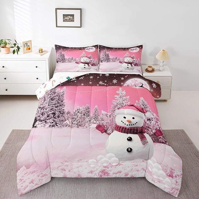 Feelyou Kids Merry Christmas Decorations Full Size Comforter Set Xmas Snowman Bedding Set Girly Pink Quilt Set Soft Warm Lightweight Duvet Set