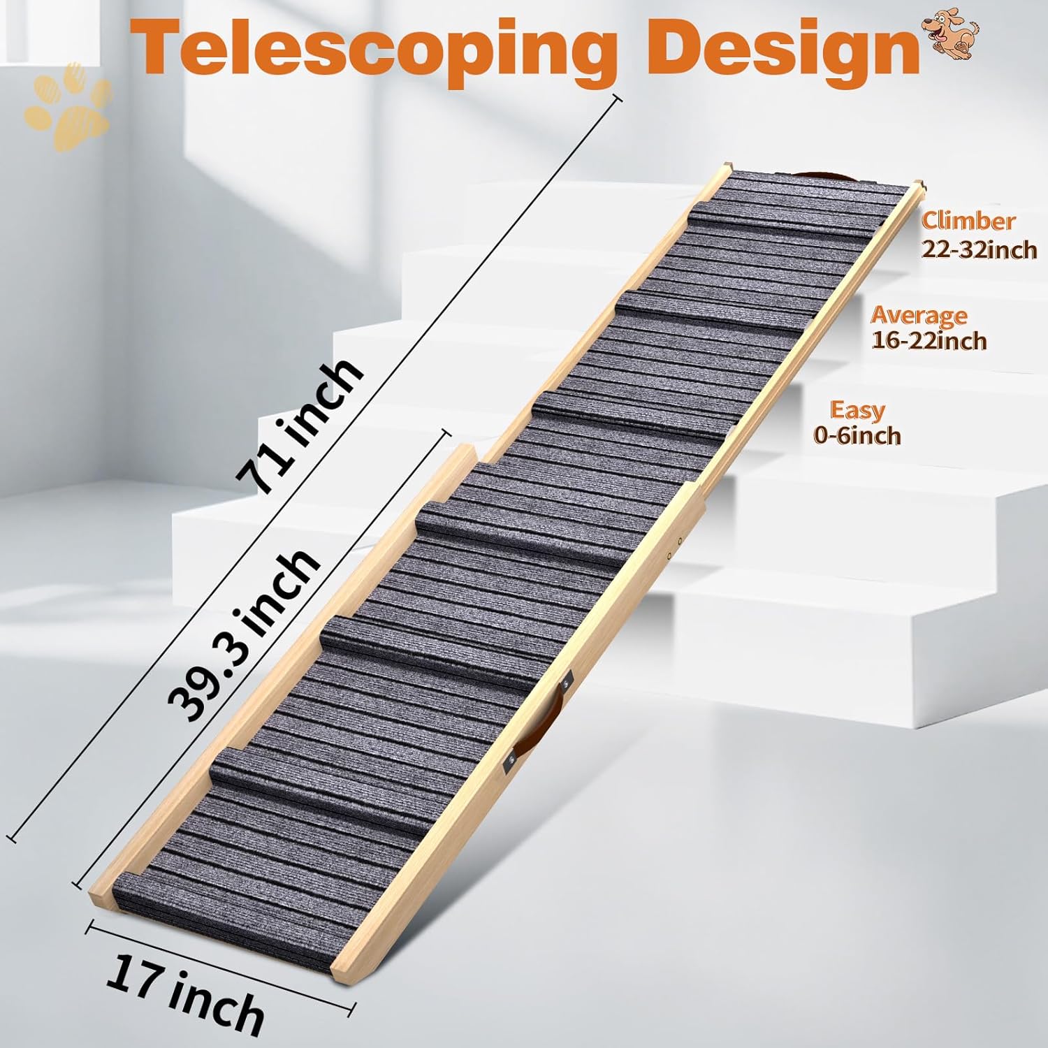 Dog Ramp for Car, 71''x 17'' Extra Long Deluxe Telescoping Design Wooden Pet Ramp, Pet Stair Ramps for Truck SUV with Non-Slip Surface, Portable Outdoor Dog Steps for Medium Large Dogs, Up to 250LBS