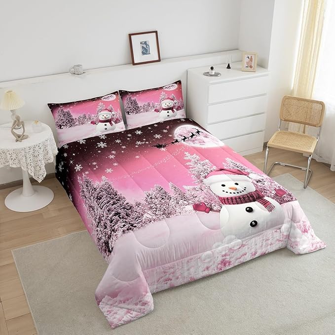 Feelyou Kids Merry Christmas Decorations Full Size Comforter Set Xmas Snowman Bedding Set Girly Pink Quilt Set Soft Warm Lightweight Duvet Set