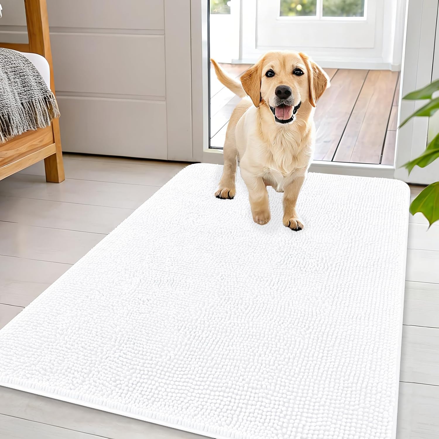 OLANLY Dog Door Mat for Muddy Paws 44x32, Absorbs Moisture and Dirt, Absorbent Non-Slip Washable Doormat, Quick Dry Chenille Mud Mat for Dogs, Entry Indoor Entryway Carpet for Inside Floor, White