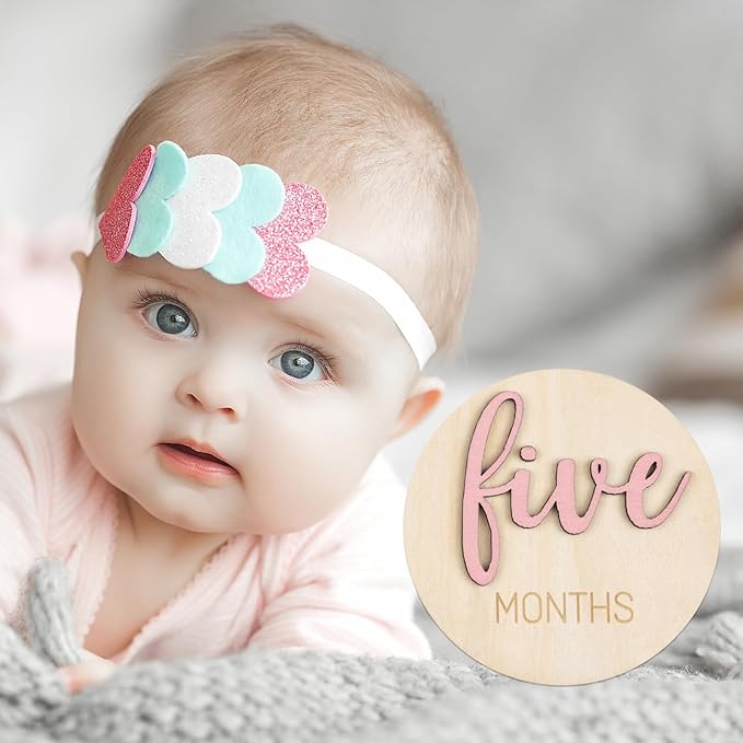 Monthly Baby Girl Milestone Circles: Newborn Milestone Age Wooden Cards from 1-12 Months - Birth One Month Markers Discs for Girls Photo Props