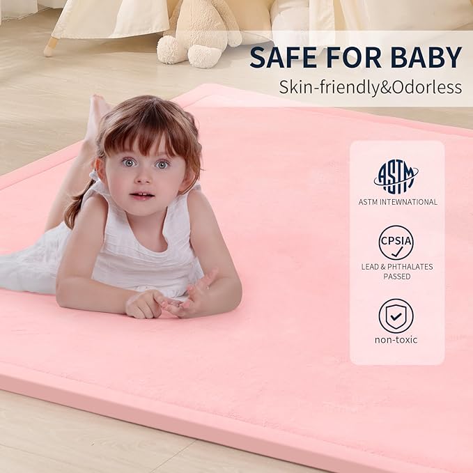 ACOMOPACK Baby Play Mat for Floor 1.3" Thick Memory Foam Play Mats 71"×79" Tummy Time Crawling with Non-Slip Bottom for Living Room,Nursery,Soft Velvet Playpen for Kids,Infants（Pink）