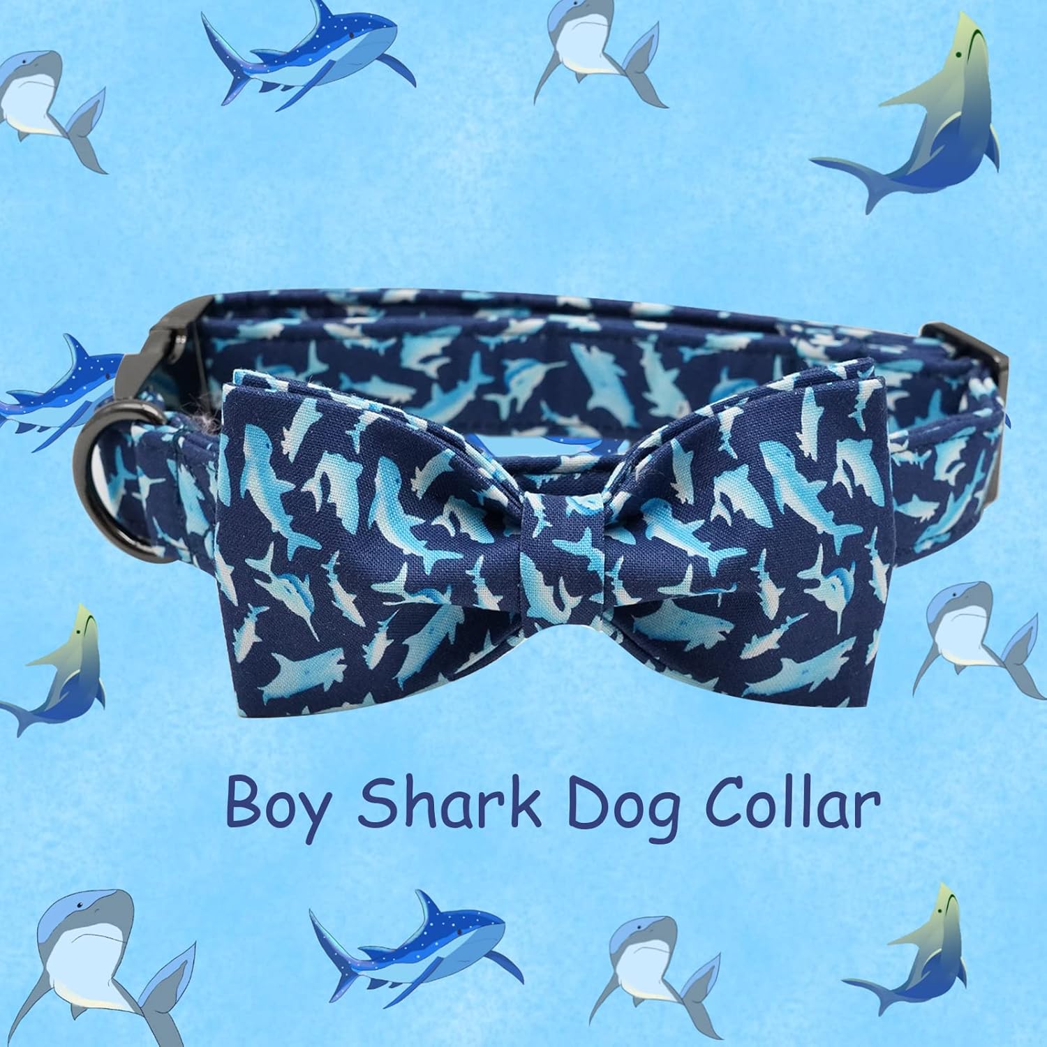 Elegant little tail Dog Collar with Bow, Shark Print Adjustable Dog Collar Cute Bowtie Dog Collar Boy Pet Collar for X-Small Puppy and Cat