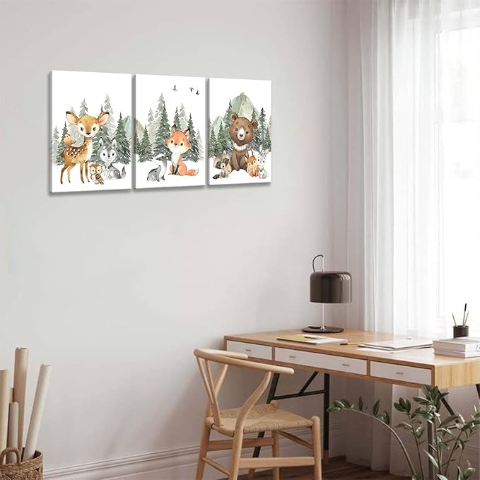 3Pcs Woodland Animal Nursery Canvas Wall Art Forest Adventure Theme Animals Picture Posters Wall Decor Cute Watercolor Deer Bear Fox Painting Print Artwork for Kids Baby Bedroom Decor 12x16in