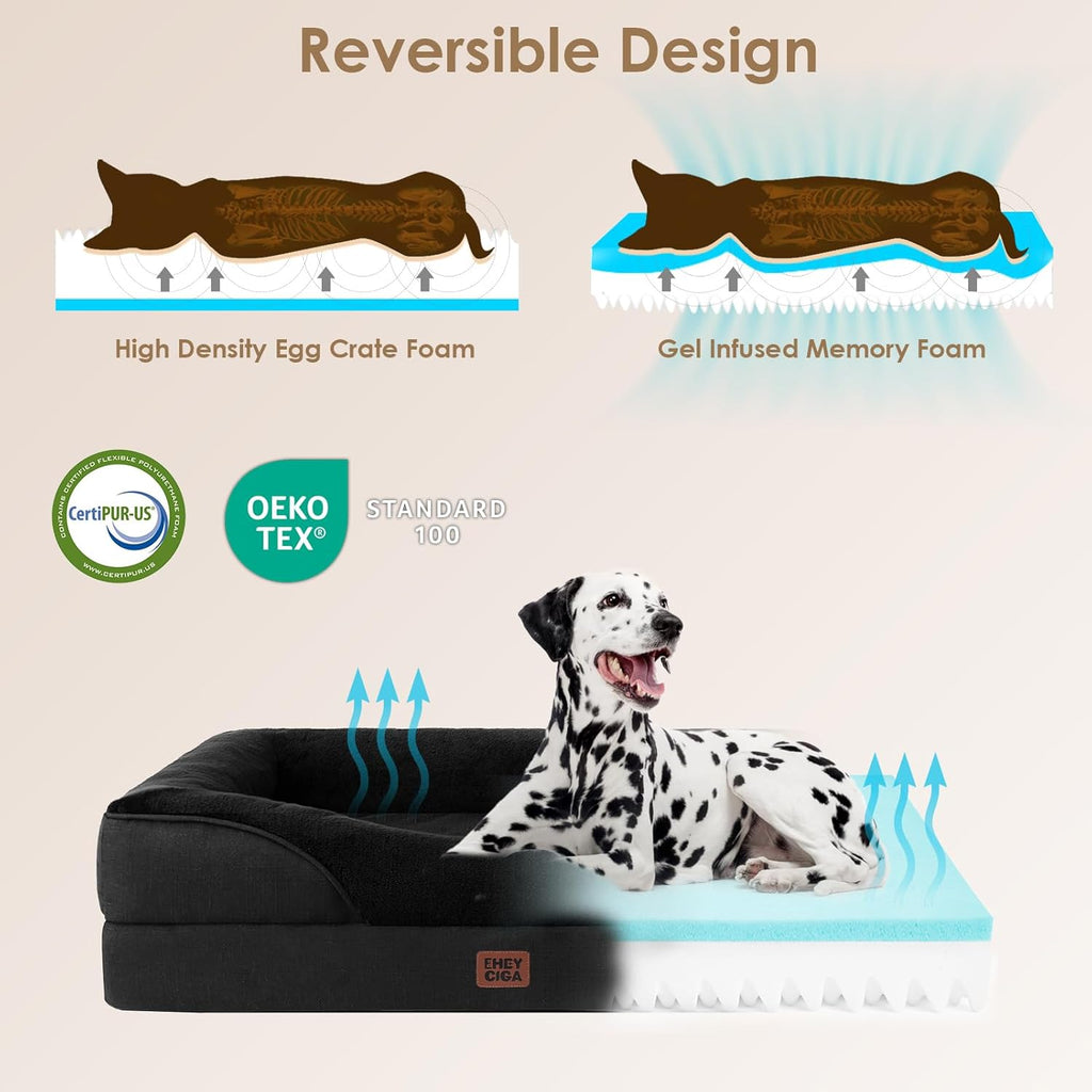 EHEYCIGA Memory Foam XXL Dog Bed for XLarge Sized, Extra Large Orthopedic Dog Sofa with Sides and Waterproof Liner, Washable Bolster Pet Couch with Removable Cover, 52x41x8 Inch, Black