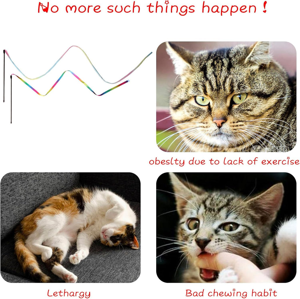 Cat Wand Toys Interactive Kitten Toys for Indoor Cats Colorful Teaser Wand String for Exercise Kitten Stick Kitty Rope Toy Rainbow Ribbon Cat Charmer -2Pcs