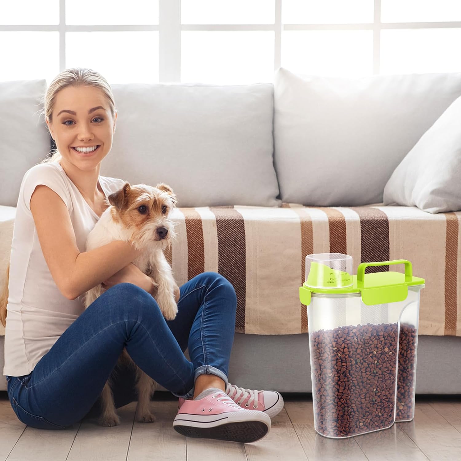 5-7Lbs Cat Dog Storage Container, Portable Pet Food Containers with Upgraded Large Spout and Cup, Small Animal Kibble Dispenser for Bird Seed, Oatmeal, Rice, Flour (1, Bright Green, 5L)