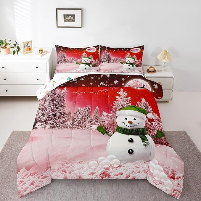 Feelyou Kids Merry Christmas Decorations Full Size Comforter Set Xmas Snowman Bedding Set Red Quilt Set Soft Warm Lightweight Duvet Set