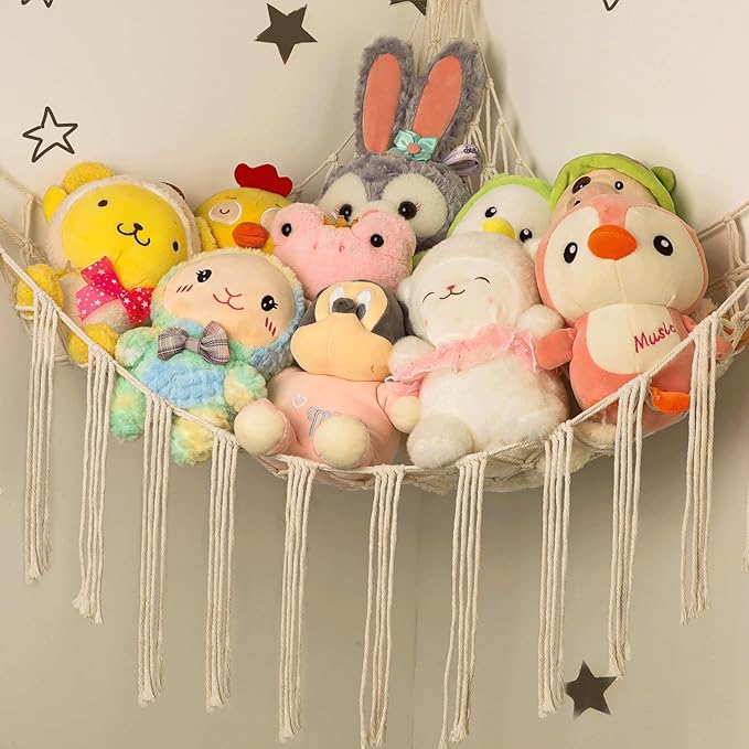 Stuffed Animal Hammock Corner, Hand-knitted Large Plushie Net Toy Hammock with Wooden Rings | Boho Cute Stuff Animal Storage for Nursery & Bedroom | Mesh Kids Toy Organizer Holder Nursery Room Decor