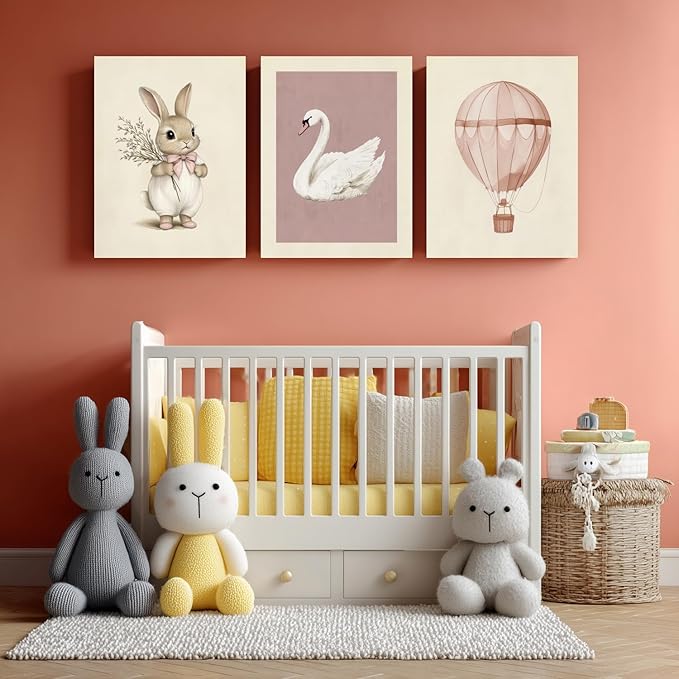 kilamino Pink Baby Girl Nursery Wall Art, Neutral Cute Rabbit and Swan Wall Decor, Vintage Hot Air Balloon Poster Prints, Pastel Bunny Animals Canvas Paintings for Baby Room Playroom Framed 16"x24"x3