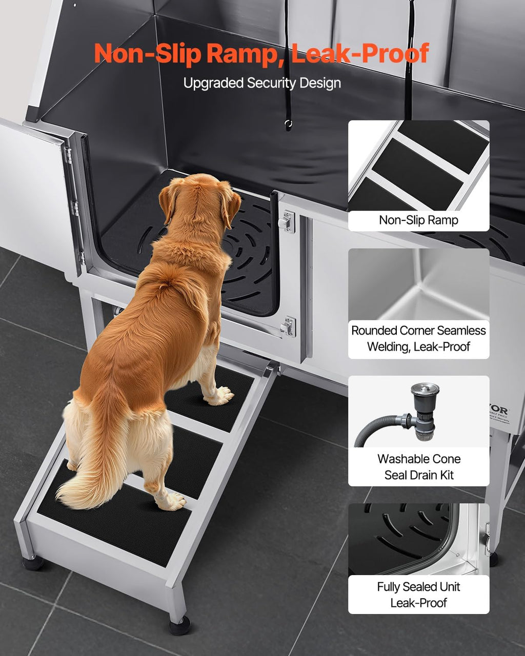 VEVOR Stainless Steel Dog Washing Station, 50 inch Pet Grooming Tub w/Ramp, PE Water Filter Board, Faucet & Showerhead & Soap Holder Dog Bathtub for Large & Medium & Small Pets (Left Door)