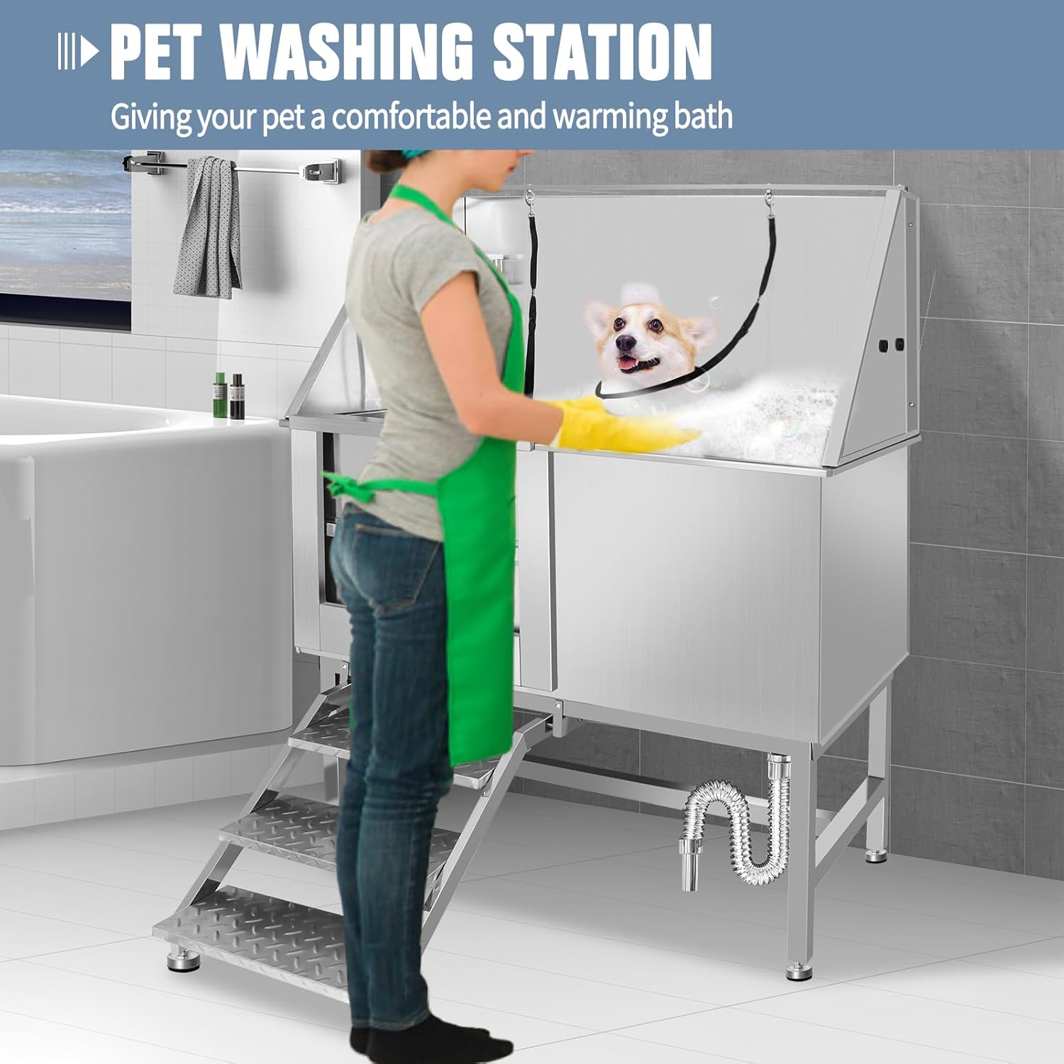 50" Pet Dog Bathing Station W/Stairs, Professional Stainless Steel Dog Grooming Tub W/Soap Box, Faucet,Rich Accessory, Dog Bathtub for Large,Medium,Small Pets, Washing Sink for Home (50" Left ramp)