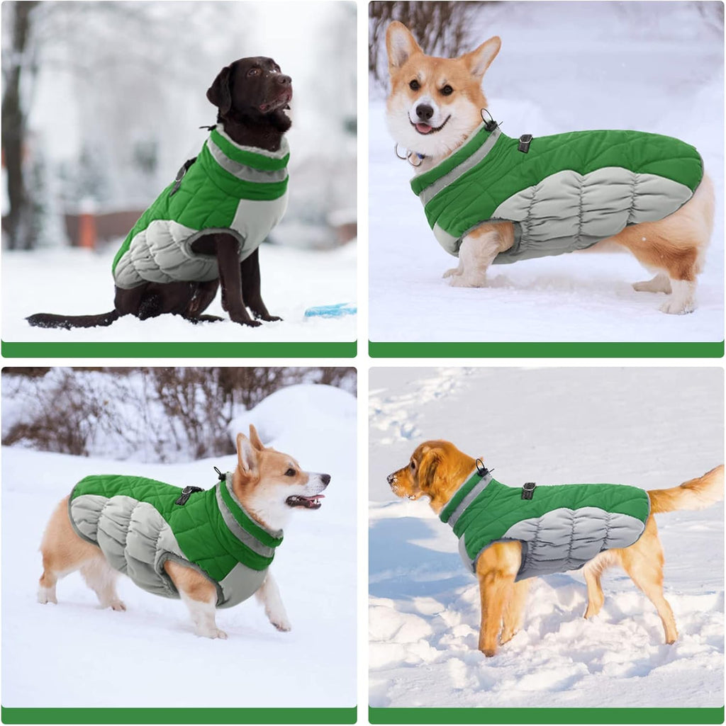 FUAMEY Dog Coat for Large Dogs,Waterproof Dog Winter Jacket with Harness Built in Puppy Cold Weather Coats Reflective Pet Vest with Zipper Warm Fleece Dogs Snowsuit Windproof Green L