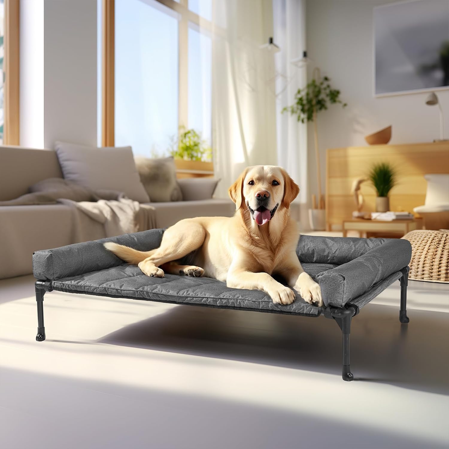 Veehoo Cooling Elevated Dog Bed Add Removable Waterproof Bolster Cushion Mat, Raised Pet Cot with Breathable Teslin Mesh, No-Slip Feet, Dog Couch Bed for Indoor Outdoor, Large, Black Silver