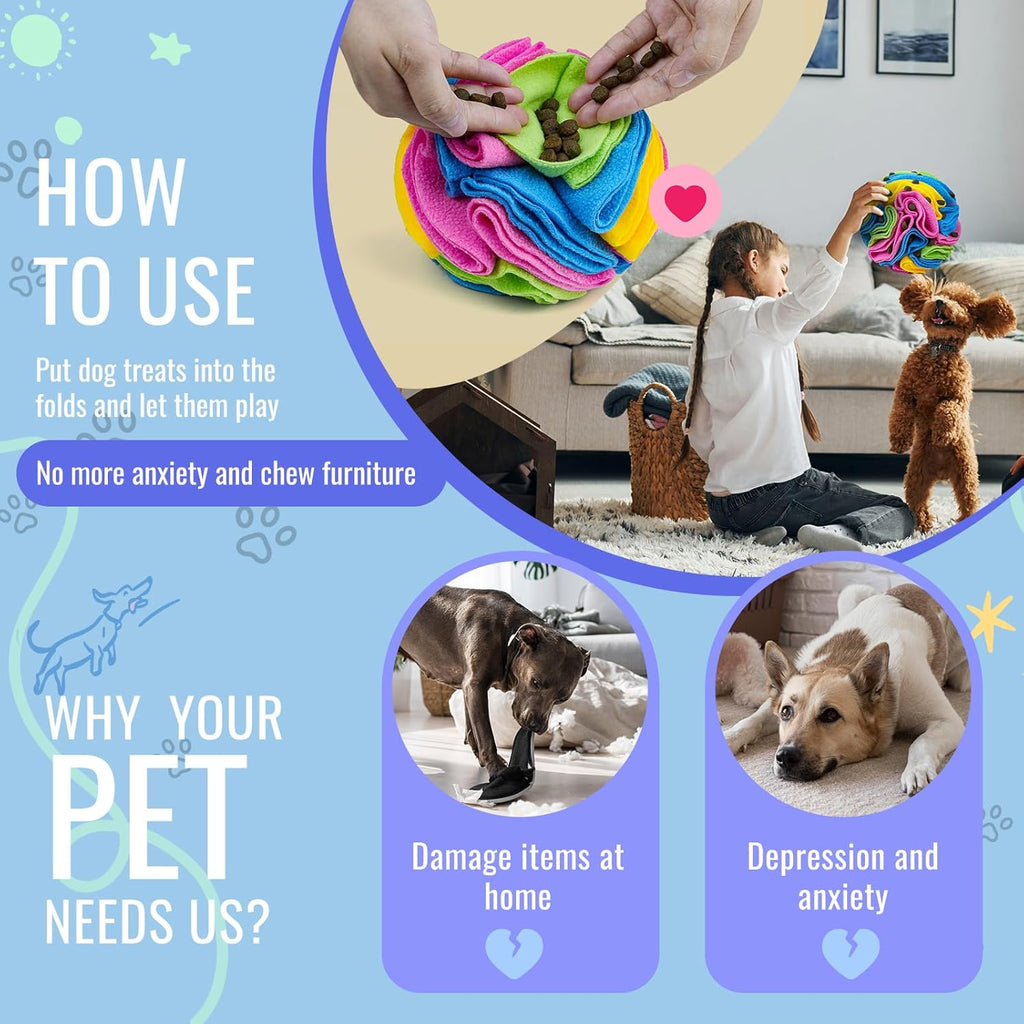 Pet Snuffle Ball, Puzzle Sniffing Interactive Dog Ball for Blind Dogs Training Stress Relief Dog Enrichment Toys Treat Machine Washable (20cm, New Rainbow Color)
