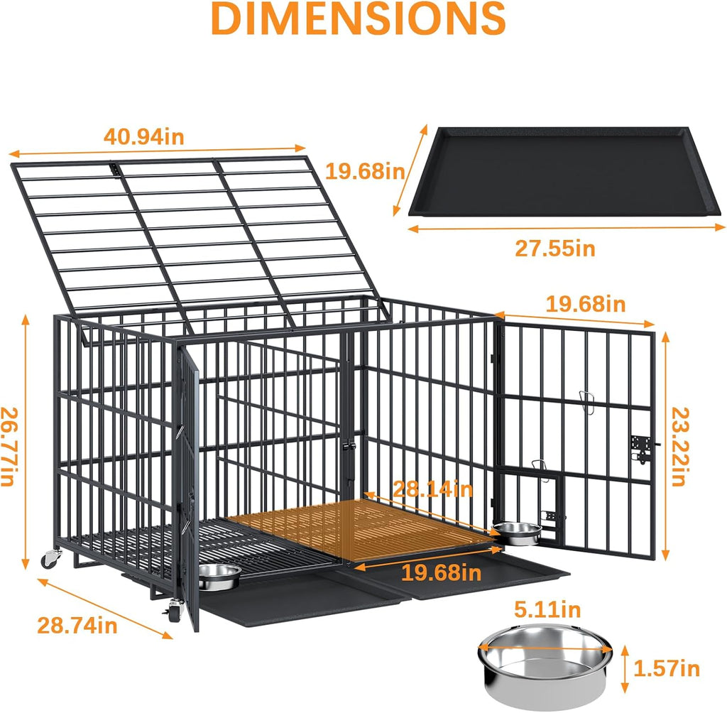 aboxoo 42/48 inch Heavy Duty Metal Dog Crate for 2 Dogs/Large Dog,All Metal Open Top Stackable,Dog Kennel Indoor with Wheels,Floor Grid, Tray, Divider and Feeding Bowl
