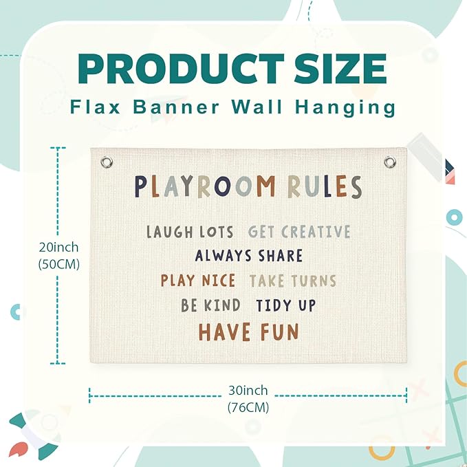 Lacama Play Room Wall Decor Rules Linen Banner, Kids PlayRoom Decor for Kids Nursery Home School, Nursery Wall Decor Toddler Boys, 30x20