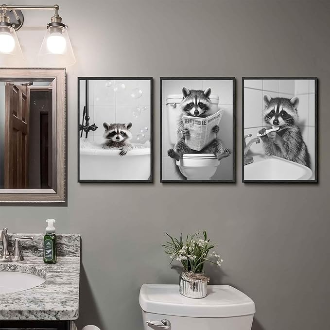 Funny Raccoon Bathroom Canvas Wall Art Black and White Cute Raccoon Sitting on Toilet Poster Print Artwork Humor Adorable Animals Pictures Wall Decor for Washroom Restroom laundry 12x16in Unframed