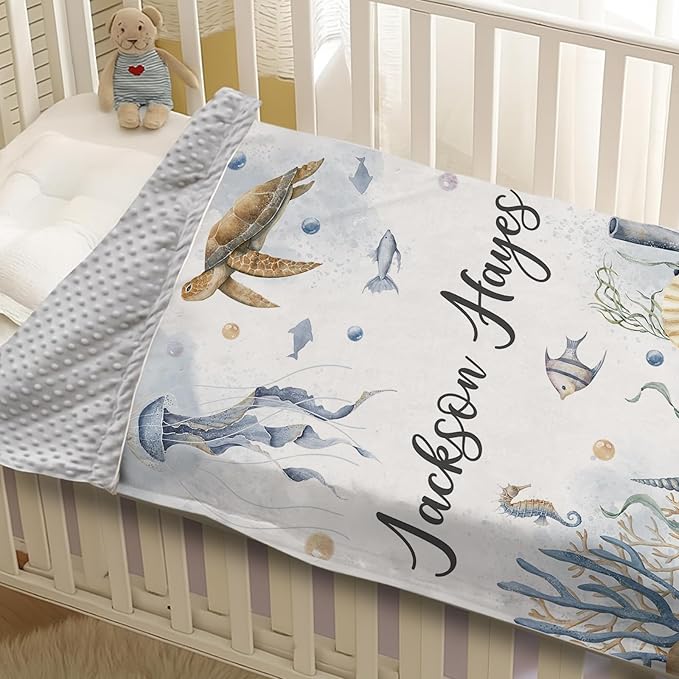 Personalized Baby Blanket with Name, Customized Baby Blanket for Kids Newborns, Soft Flannel with Double Layer Dotted Backing, Customized Gifts for Baby Shower Birthday, Sea Turtle(60" x80)