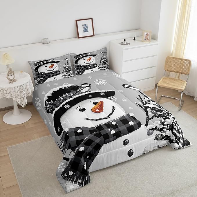 Feelyou Kids Christmas Theme Decorations Bedding Set Xmas Snowman Comforter Set for Boys Girls Snowflake Kawaii Cute Grey Bedroom Collection Full Size