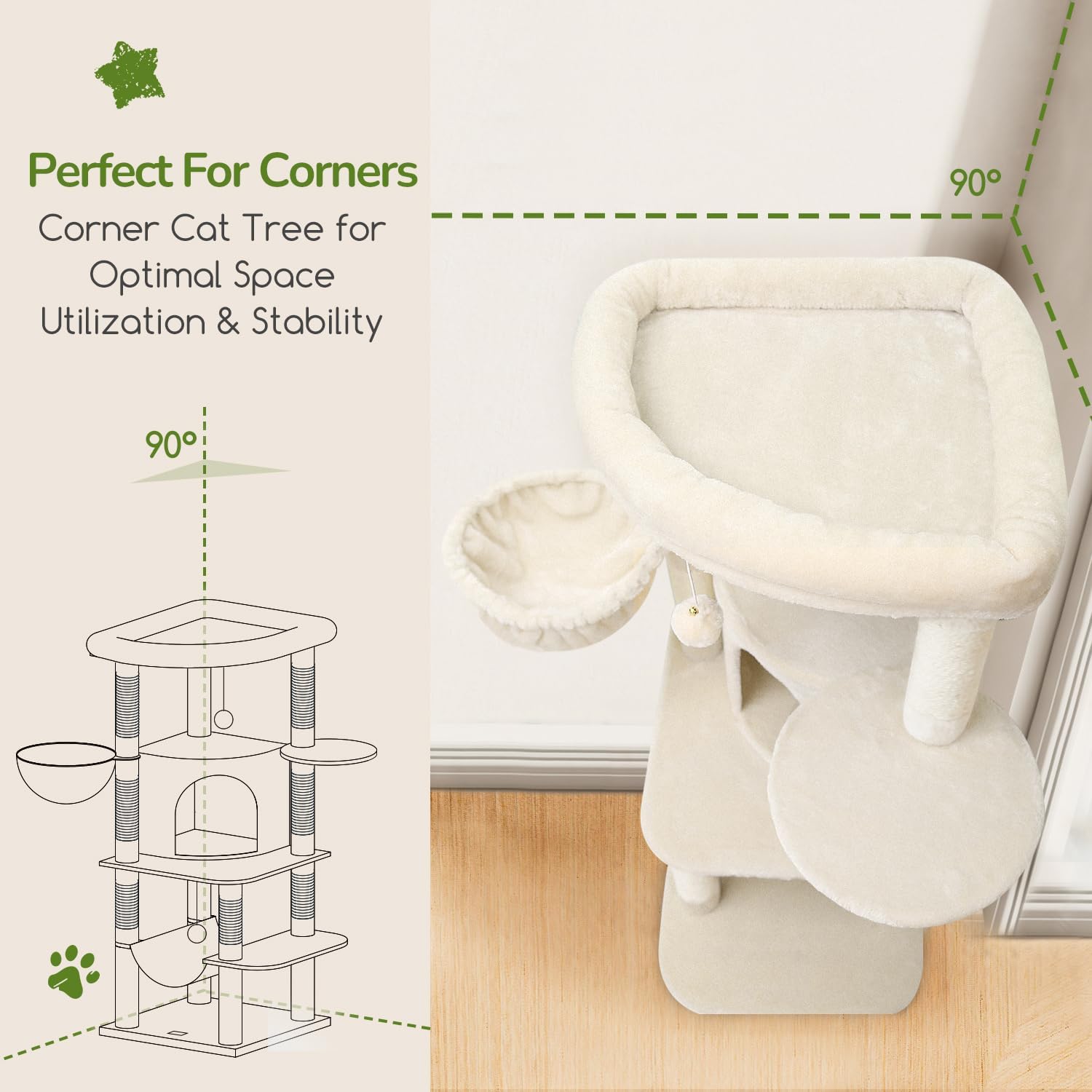 Globlazer Corner Cat Tree Tower with Scratching Post for Indoor Cats, 51in Plush Multi-Level Cat Tower with Large Hammock, Fan-Shaped Padded Perch, Spacious Cat Condo, Hanging Basket, C51, Light Beige