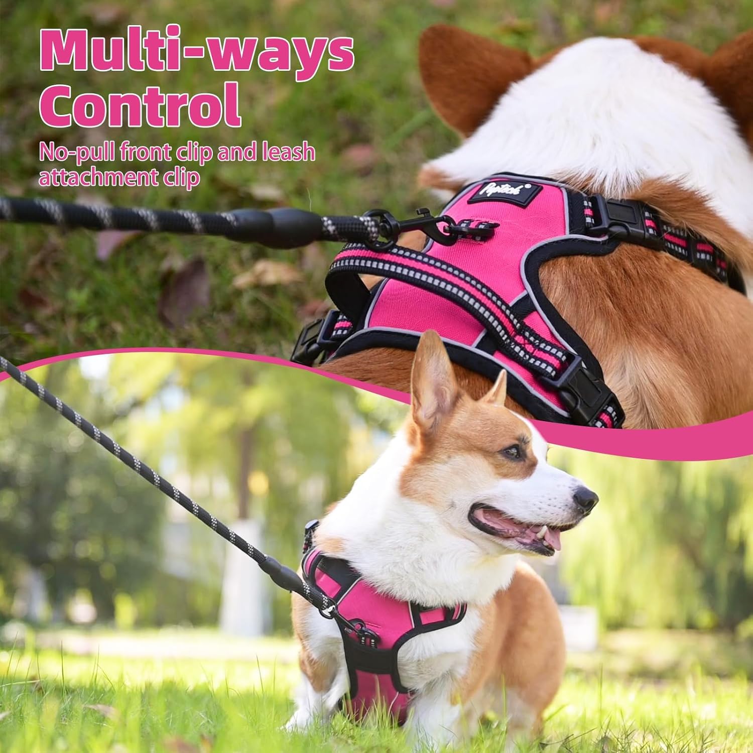 PUPTECK No Pull Dog Harness Medium Sized, Adjustable Reflective Dog Harness with Handle Easy Control, Comfortable Soft Padded Pet Vest Harness for Medium Dogs, Fuschia M