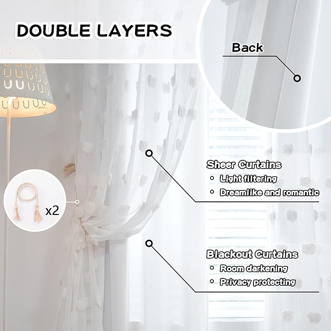 MYSKY HOME White Curtains for Kids Room & Nursery - 72 Inch Long Double Layer Sheer Curtains with Pom Poms & Grommets for Girls Bedroom & Living Room - Darkening Panels W52 X L72