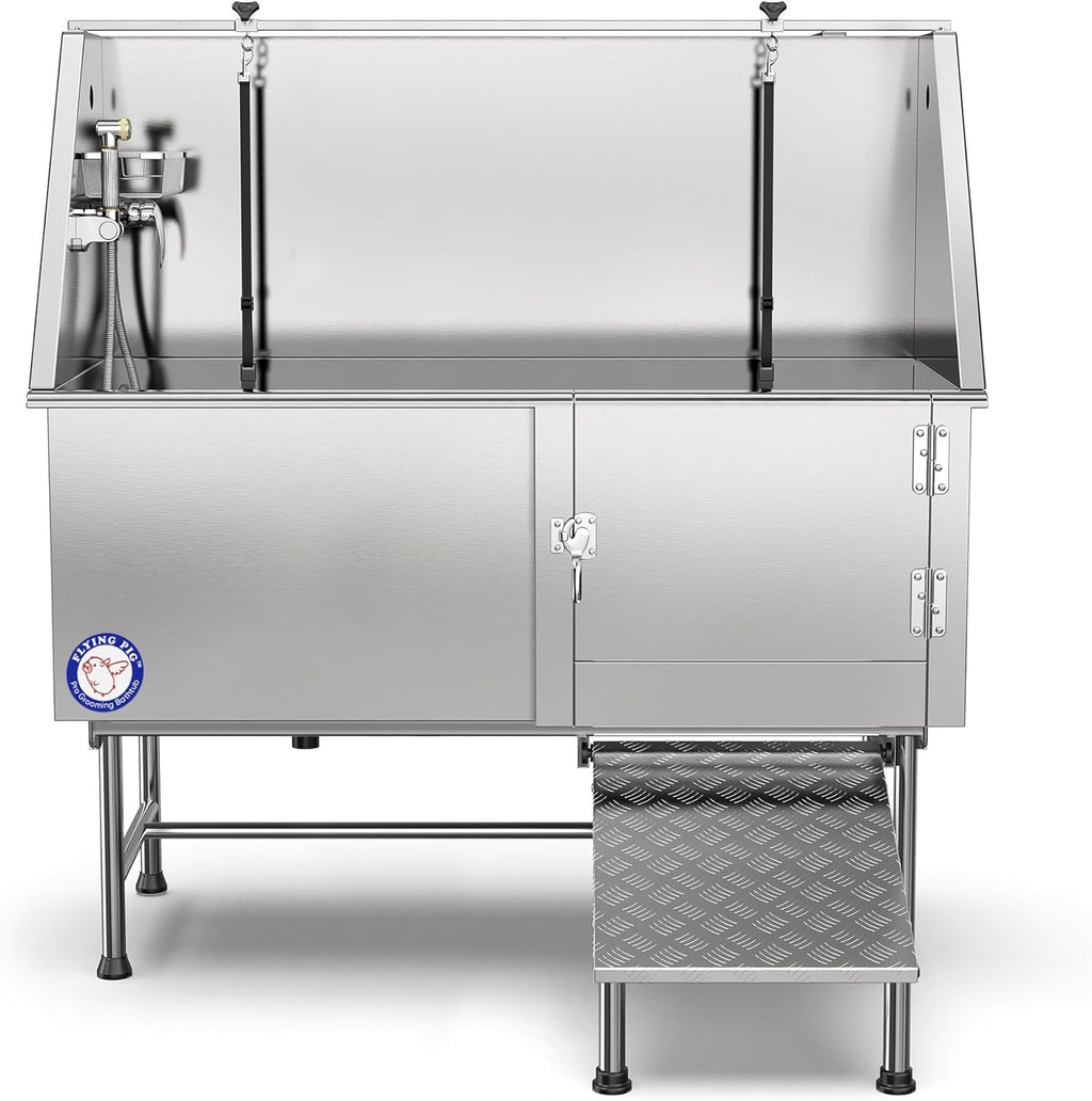 Flying Pig Grooming 62" Stainless Steel Pet Dog Bath Tub with Faucet (Right door/Left Drain), 62 x 27 x 58"