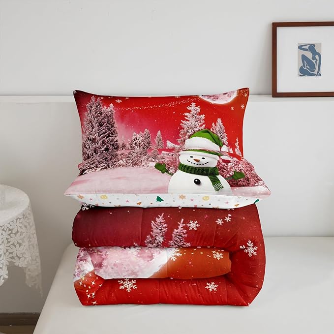 Feelyou Kids Merry Christmas Decorations Queen Size Comforter Set Xmas Snowman Bedding Set Red Quilt Set Soft Warm Lightweight Duvet Set
