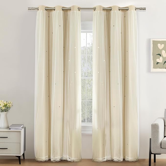 XiDi Beige Blackout Curtains for Bedroom 72 Inchs Long Room Darkening Double Layer Curtains Star Cut Out Design Grommet Drapes with Tiebacks for Girls Kids Living Room 34 x 72 Inches, Set of 2