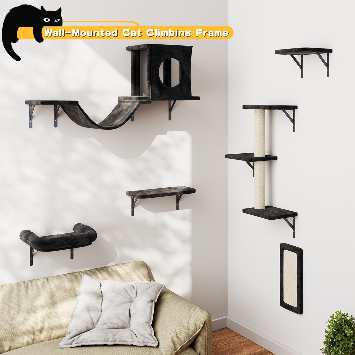 NUNU LAB Cat Wall Shelves, 6 Pcs Luxury Wall-Mounted Cat Climber Set, Indoor Cat Furniture with 1 Condos House, 2 Cat Wall Shelves, 1 Scratching, 1 Bridge Ladder, 1 Scratching Pad, Black