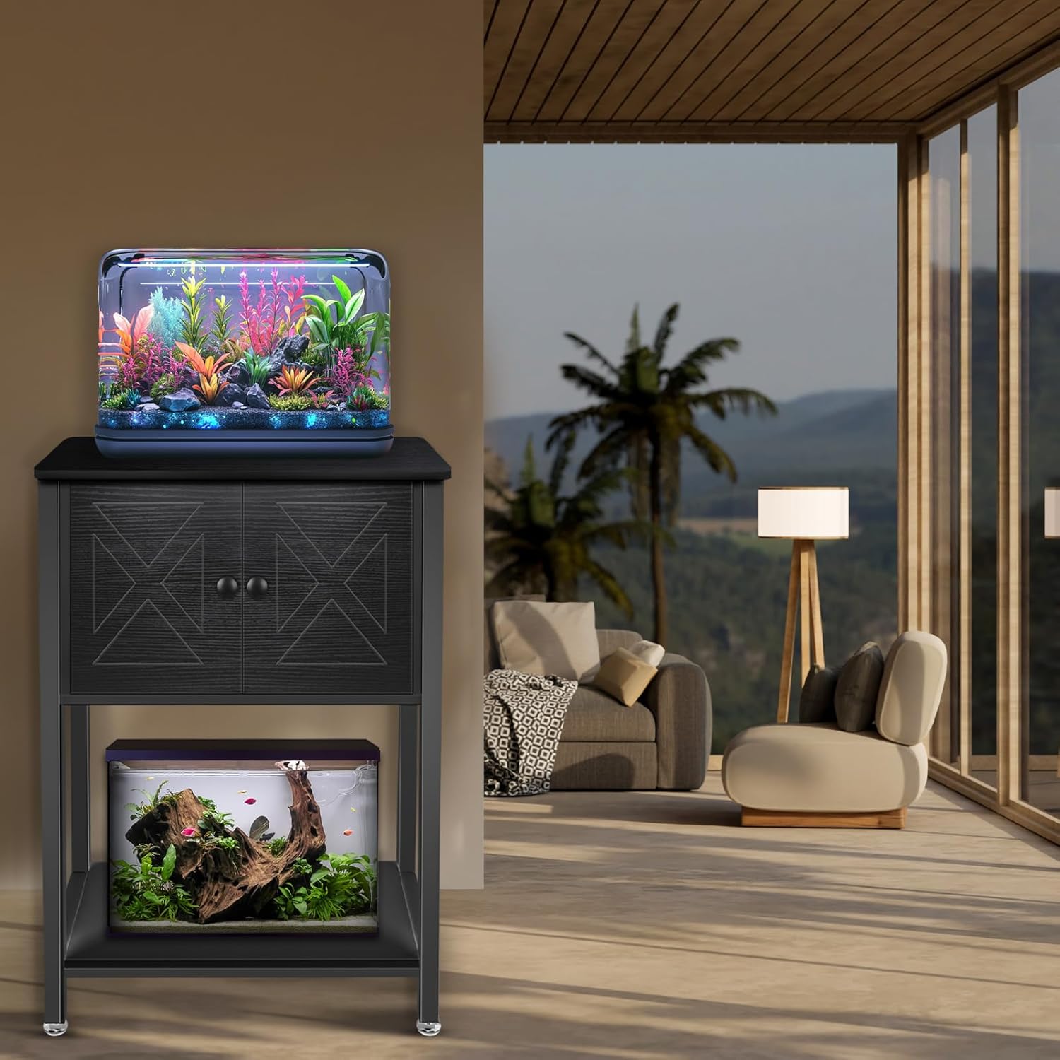 5-10 Gallon Fish Tank Stand, Heavy Duty Aquarium Stand with Cabinet & Power Outlets for Fish Tank Accessories Storage, Double Tank Stand 20.5" L* 11" W Tabletop, 220LBS Capacity Black