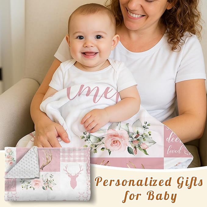 Personalized Baby Blanket with Name, Custom Pink Woodland Deer Blanket for Kids, Soft Flannel Bed Throw Blanket Swaddle for Newborn, Customizable Baby Gift & Nursery Blanket(47" x60)