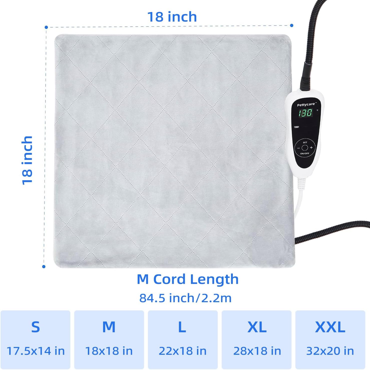 pettycare Pet Heating Pad for Dog Cat, Electric Heating with Steel-Wrapped Cord, 25-Level Timer & 11-Level Temperature Indoor Warming Pads Easy Clean for Puppy Cat Dog M 18x18inch