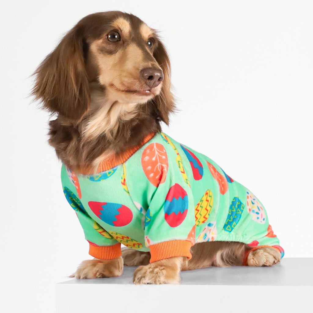 Fitwarm Easter Egg Dog Pajamas, Holiday Dog Clothes for Small Dogs Girl Boy, Pet Easter Outfit, Puppy Cat Onesie, Lightweight Velvet, Light Green, Orange, Small
