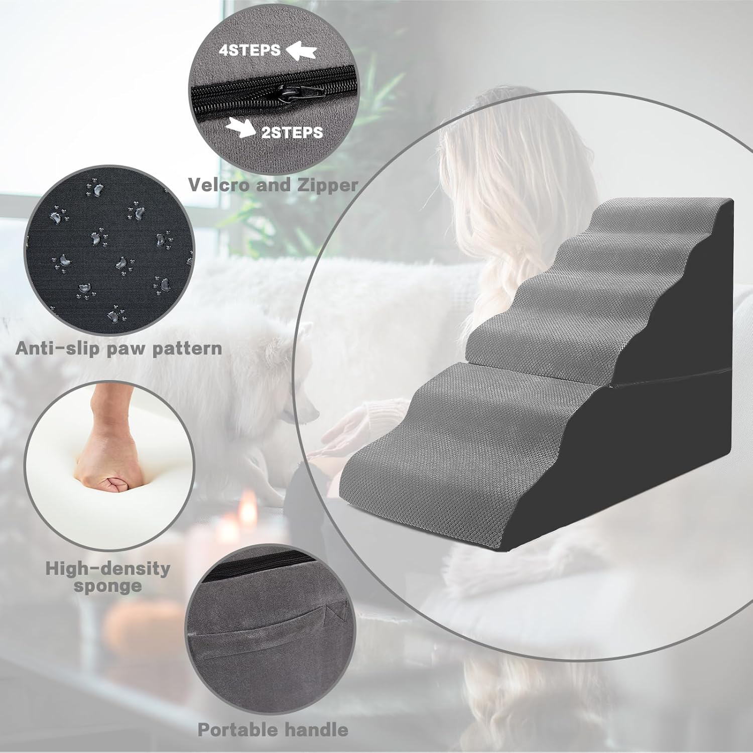 Dog Stairs for High Beds 30-36 inches Tall, 6-Step Dog Steps for Bed 32-36 inches for Small Large Dogs, Dog Ramp for Bed, 30D Foam Pet Stairs/Steps for High Beds for Old Dogs/Cats, Grey