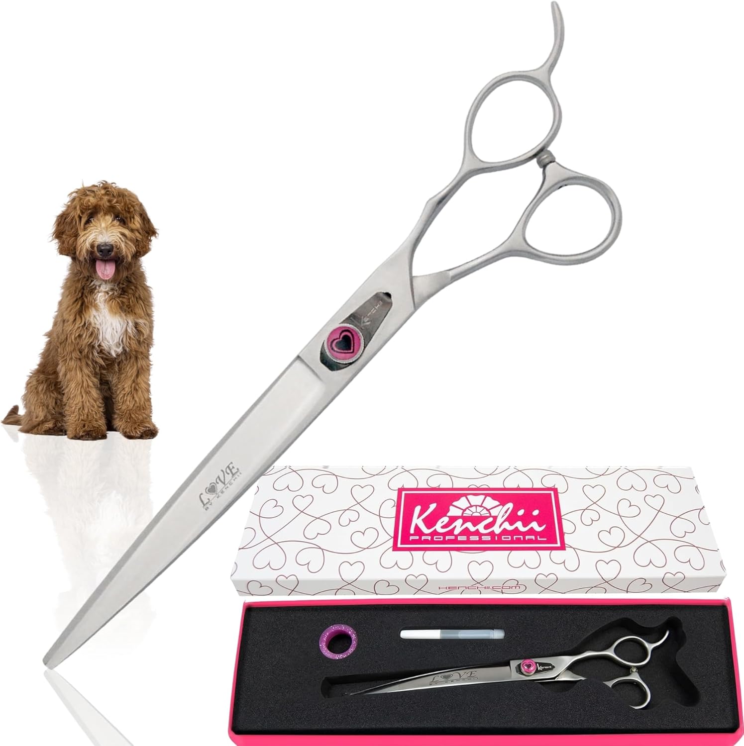 Kenchii Love Left Handed Dog Grooming Scissors, 8 Inch Curved Shears, Dog Scissors for Grooming, Professional Pet Grooming Scissors, Ergonomic & Comfortable