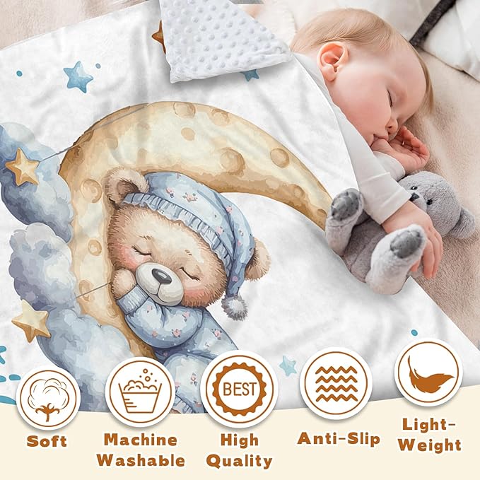 Personalized Baby Blanket with Name, Customized Blanket for Newborn Boys Girls, Sleepy Bear Theme Baby Name Blanket with Dotted Backing, Receiving Swaddle, Baby Shower Birthday Gifts(30”x40)