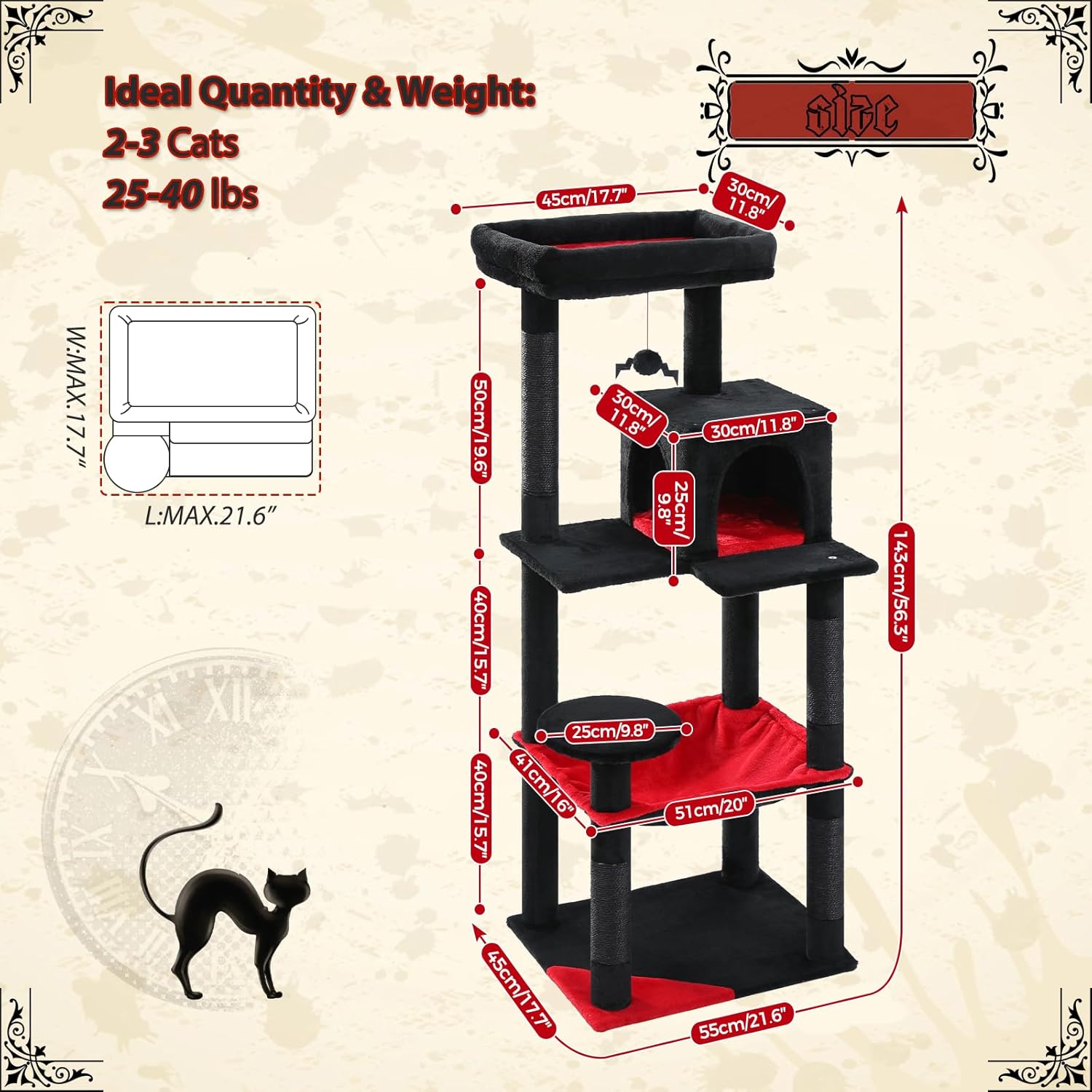 PETEPELA 56.3" Gothic Cat Tree for Indoor Cats, Tall Cat Tower with Super Large Hammock (20"X16"), Sisal Covered Scratching Posts, Cozy Condo and Top Perch Black