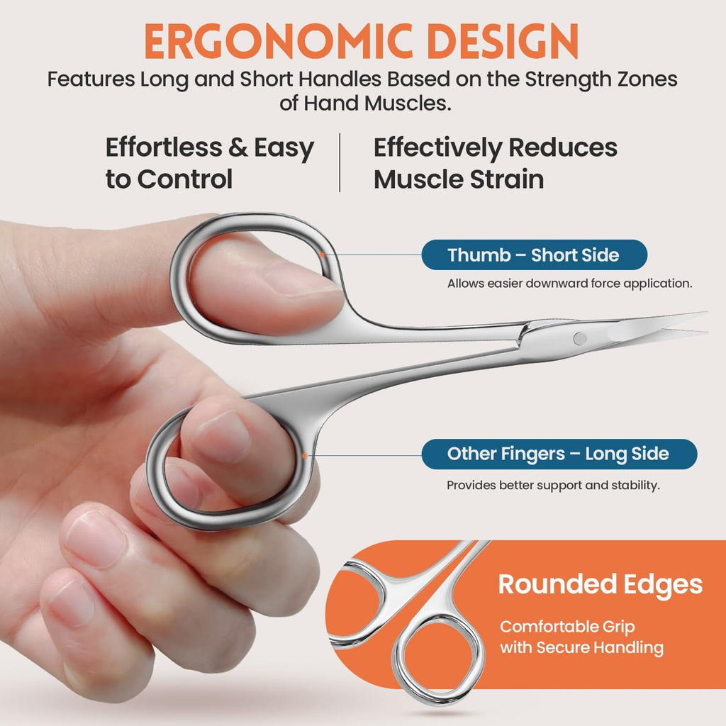 THRAU Left-Handed Cuticle Scissors – Surgical Grade Stainless Steel with Sharp Curved Tip for Cuticles, Nails, Eyebrows, Eyelashes, Nose Hair & Beard – Ideal for Manicure & Precise Grooming