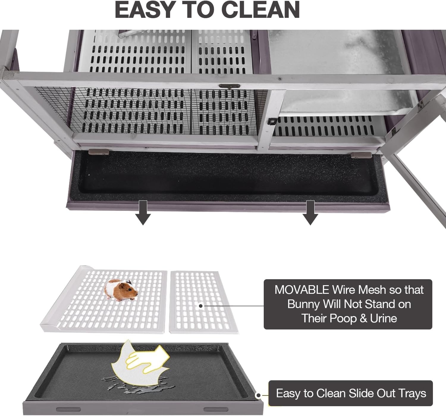 Guinea Pig Cage Indoor with Wheels Rabbit Hutch with Removable Proof Tray and Cool Zinc Plate Chew-Resistant Metal Frame Hamster Cage with Elevated Legs 36.6" L（Grey）
