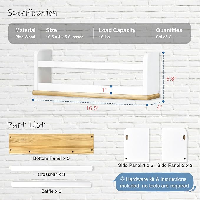 Upgraded Floating Nursery Book Shelves for Wall, White and Natural Kids Bookshelf Wall Mounted, Wood Baby Toddler Children Hanging Bookshelves for Kids Room Bedroom - Set of 3