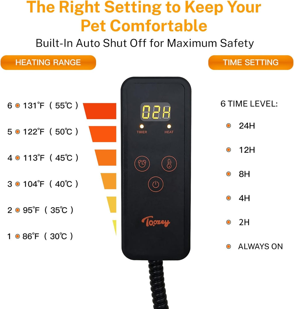 Toozey Small Pet Heating Pad, 6 Adjustable Temperature Dog Cat Heating Pad with Timer, Waterproof Heated Cat Bed with Chew Resistant Cord, Indoor Electric Pet Heated Mat 18x16in