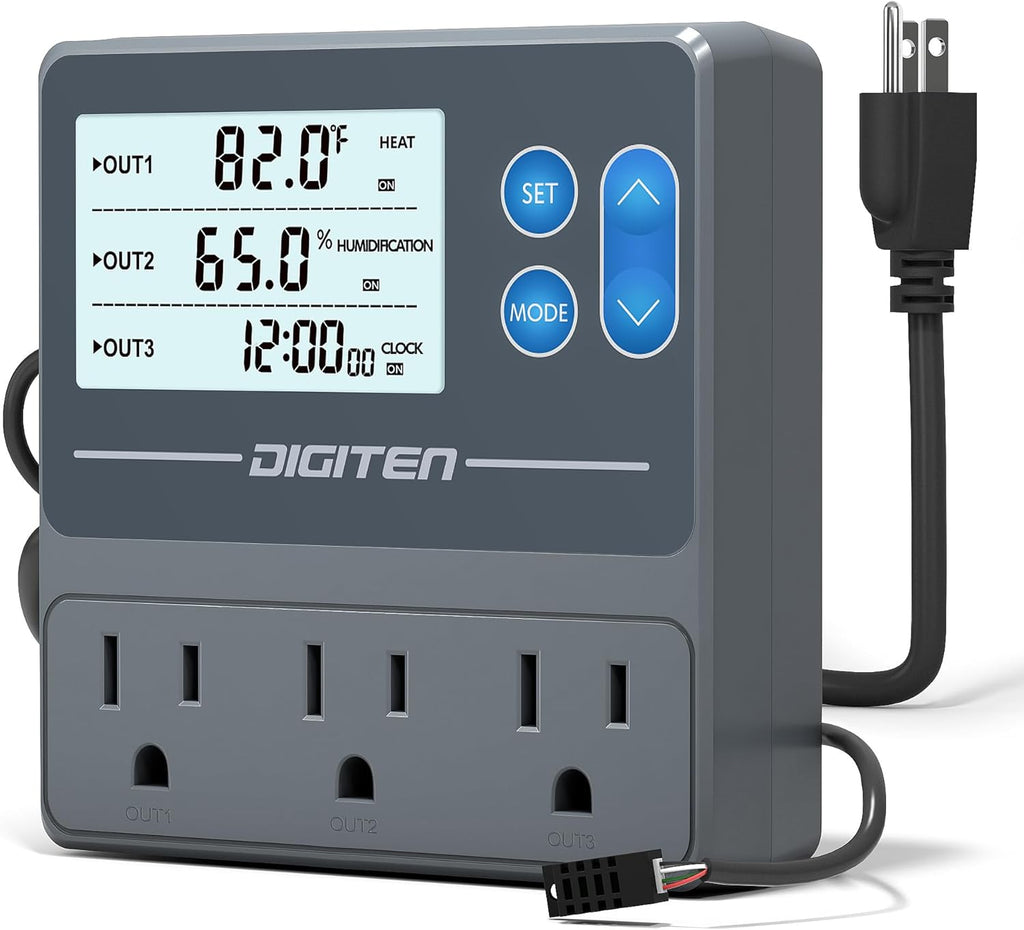 Digital Temperature Humidity Controller Pre-Wired Outlets for Mushroom, Reptile, Heating/Cooling On Outlet 1, Humidifier/Dehumidifier On Outlet2, Timer On Outlet 3